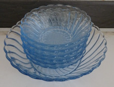 Vintage Blue Glass Serving Bowl 8.25" & 6 x Small Bowls 5.25" Swirl Pattern