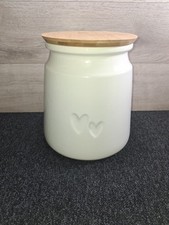 White Ceramic Bread Bin.  Small Hairline Crack On Rim.  Wooden Lid.