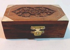 Vintage Hand-Carved Wooden Indian Jewellery Storage Trinket Box Brass Inlay Work