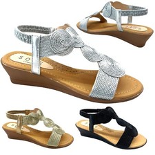 WOMENS LADIES SUMMER MID LOW HEEL WEDGE SLING BACK GLADIATOR BEACH SHOES SANDALS