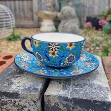 Rare Antique Longwy Enamel Cup & Saucer – Hand-Painted Floral Cloisonné Design