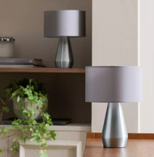 Maya Pair of Touch Table Lamps Grey & Silver 6W 20cm Drum Lampshade SHADE DENTED