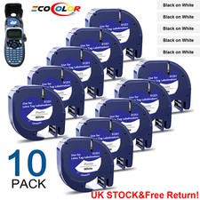 10PK Dymo LetraTag Refill Black on White Plastic 91201 Label Tape 12mm LT-100H