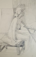 Pencil drawing 'Seated Female Nude', Pauline Plummer (b1933), Circa 1950's