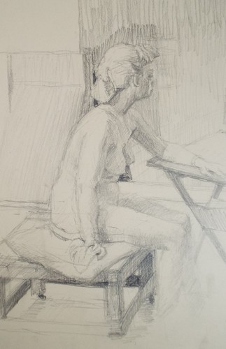 Pencil drawing seated female - drawing, 'seated