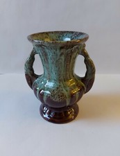 Vintage Duck Egg and Brown Drip Glaze Urn Shaped Pottery 2 Handled Vase 12.5cm