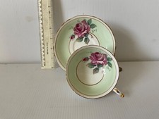 RARE VINTAGE PARAGON CHINA ENGLAND  CUP SAUCER CABBAGE ROSE GREEN  BACKGROUND