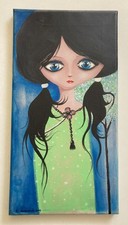 Contemporary Vintage Big Eyed Girl Painting On Canvas Signed Gallery Wall