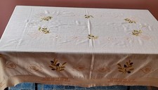 Cream Linen 68 x 50 Tablecloth Olive & Foilage Embroidery & Pink Borders Vintage