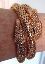 Mesh Coiled Snake Bracelet Cuff Bangle Wrap Around Gold Tone & Rhinestones