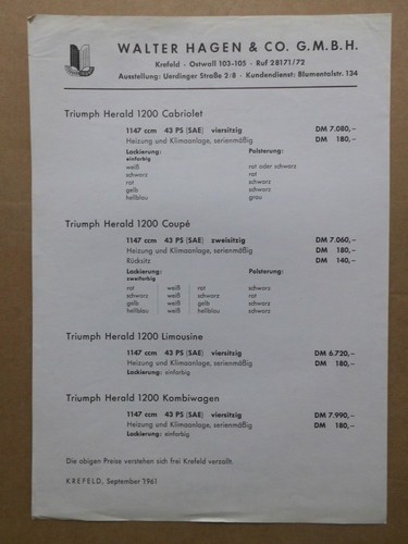 Original price list - price, 1961