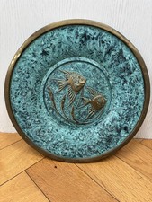 Vintage Brass/Copper Florentine Embossed Fish Circular Wall Plate 30cm