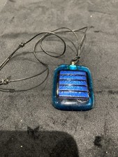 Blue Glass Dichroic Pendant Necklace  On Black Cord
