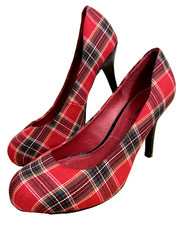 Love Label Red Green Tartan Heels UK 5 Check Fabric Court Shoes Slip On