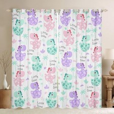 Kids Pink Dino Window Curtains Cartoon Dino Darkening Drapes Little Dino 30%-...