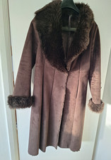 M&S chocolate brown faux suede and fur midi length coat size M