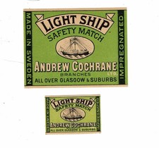 2 Old Sweden  c 1900s Packet & Box Matchbox label Light Ship Andrew Cochrane