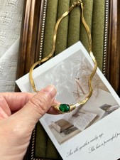 Vintage Gold Tone Green Gem Necklace, Emerald Style Statement Snake Chain 