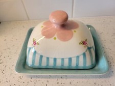 gabriella miller blue rose garden ceramic lidded butter/ cheese keep handpainted