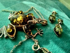  Baltic Amber Set Sterling Silver Frog Pendant  Leafs Studs 