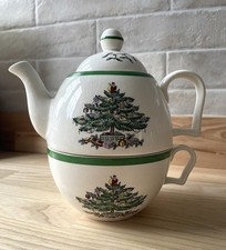 Spode Teapot Christmas Tree Tea For One In Box 3 Pc Porcelain Set 
