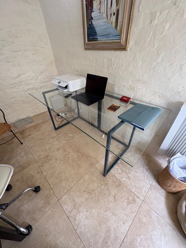 Glass top desk - metal, base