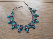 Vintage Tribal Nepalese Jewelry Turquoise and Coral, Green Crystal Necklace 