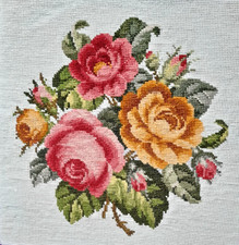 Completed floral, Berlin wool work, rose tapestry panel. 19th Century design.