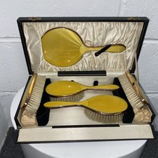Antique 1920’s Yellow Guilloche Enamel Dressing Table Set Brushes Mirror Box PT