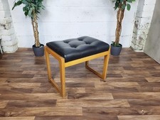 Vintage Mid-Century Beech & Black Vinyl Stool Ottoman Danish Scandi Retro MCM