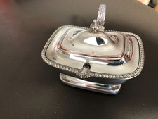 Vintage Silver Plate Mustard Pot with blue glass liner and mustard spoon