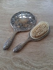 Very Heavy Vintage Vanity Hand Held Mirror And Brush
