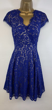 Eliza J Dress UK 10 Blue Lace Overlay Fit & Flare V Neck Cap Sleeve Cobalt