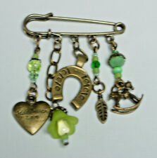 OoaK hand made bronze tone pin horse shoe rocking horse flower heart leaf green