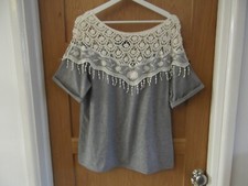 ZANZIA SIZE XL CREAM COTTON OPEN LACE YOLK SHORT SLEEVE STRECH MARL GREY TOP