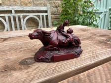 Chinese Faux Cinnabar Red Resin Figure Children Playing on Water Buffalo