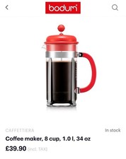 Bodum CAFFETTIERA French Press Coffee Maker, Red, 1L 8 Cups 34 oz Free Postage