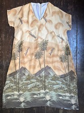 Vtg 2000 Tropical Earth Tones Polyester Screen Print Kaftan Maxi Dress L 16 18