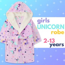 Girls Unicorn Dressing Robe Plush Bathrobe Lilac Thermal Nightwear 2-13 Years UK