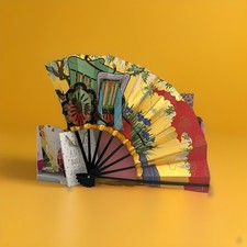 Vintage Japanese Folding Fan | Colourful Print | Paper & Bamboo