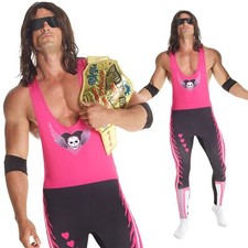 Mens Official WWE Bret The Hitman Hart Costume + Wig Adult Wrestling Fancy Dress