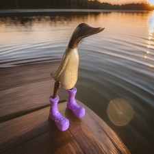 Wooden Indian Running Duck Figure In Pink & White Spot Large Boots Hand Painted