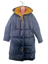 Zara Reversible Puffer Padded Duck Down Hooded Coat, Size M, Navy/Yellow (XJ0013