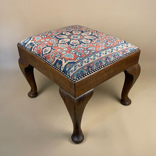 Antique Wooden Stool Upholstered Carpet Kilim Wood Cottage Furniture Studded