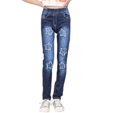 Kids Girls Denim Stars Ripped Jeans Dark Blue Comfort Stretchy Fashion Pants
