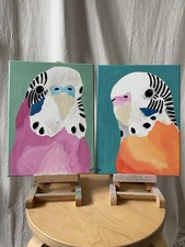 Pair of Original Budgie Parakeet Paintings Colourful Bird Art Canvas (22x30 cm)