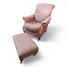 Large antique style high back upholstered armchair - with matching stool