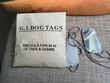 G. I . DOG TAGS UNUSED, TWO U.S.A. TYPE M 45 I.D. TAGS & CHAINS