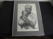 J MacDonald Henry Mother And Child Charcoal Print Framed Jamaican Artist