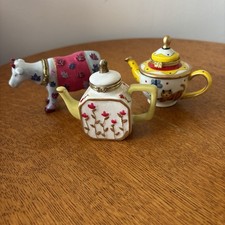 Three Collectible Trinket hinged Pill Boxes Teapots Cow